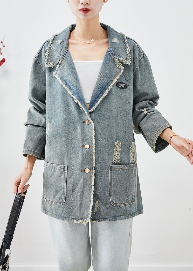 Franse Blauwgrijze Oversized Zakken Denim Gescheurde Jas Uitloper Herfst - Dames winterjassen