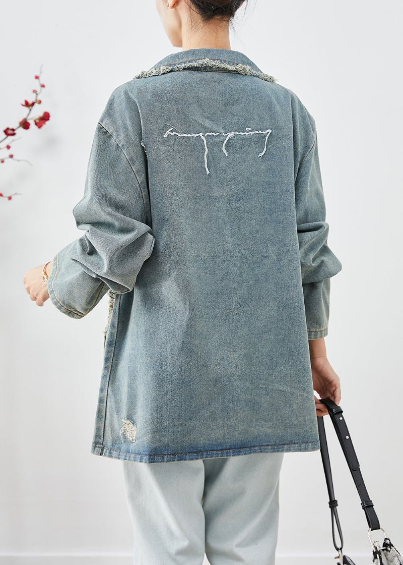 Franse Blauwgrijze Oversized Zakken Denim Gescheurde Jas Uitloper Herfst - Dames winterjassen