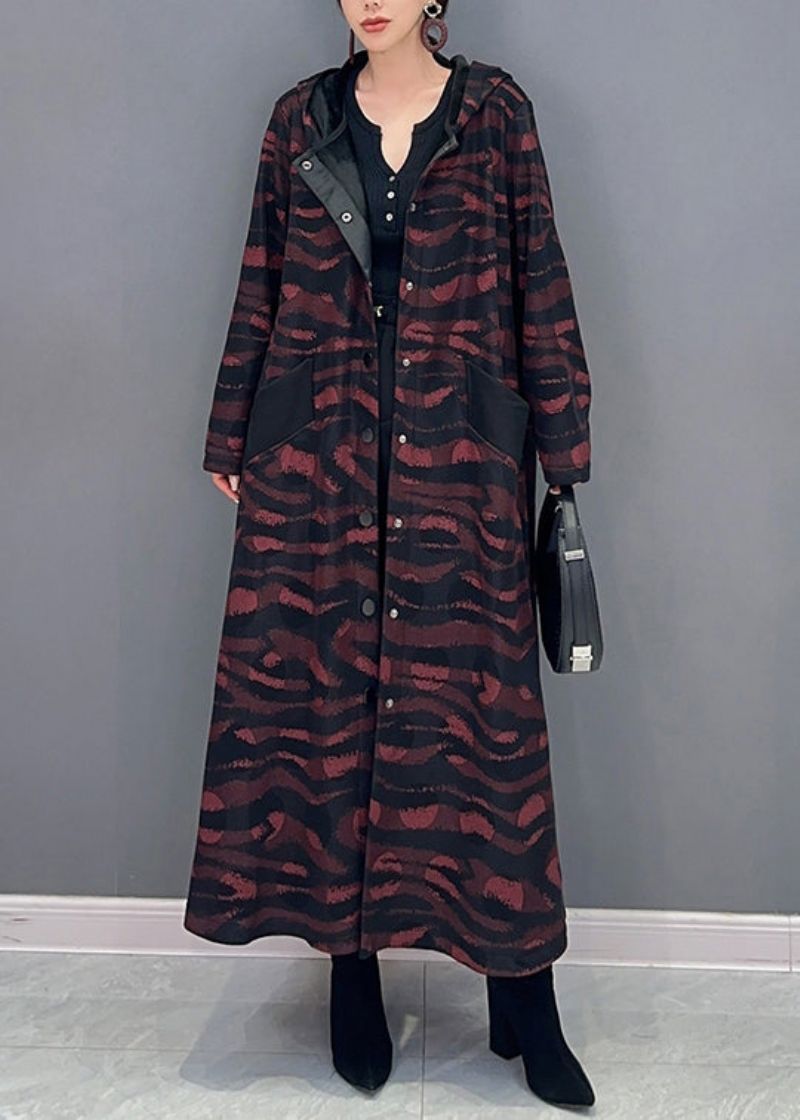 Franse Bruine Katoenen Lange Trenchcoat Met Capuchon En Print Herfst - Dames winterjassen