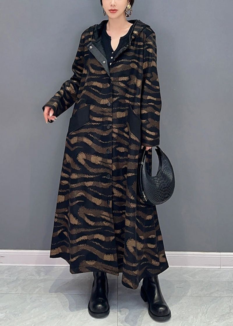 Franse Bruine Katoenen Lange Trenchcoat Met Capuchon En Print Herfst - Dames winterjassen