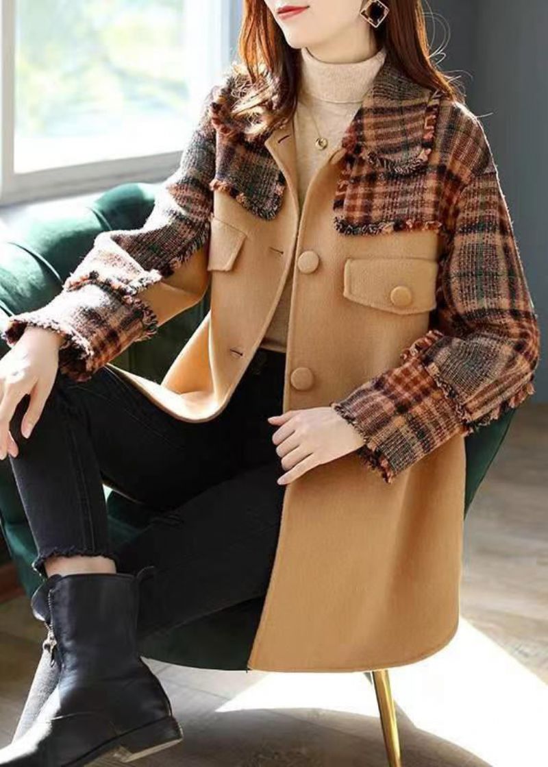 Franse Camel Plaid Button Patchwork Wollen Jas Winter - Dames winterjassen