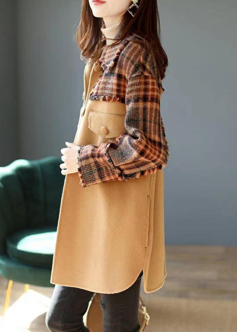 Franse Camel Plaid Button Patchwork Wollen Jas Winter - Dames winterjassen