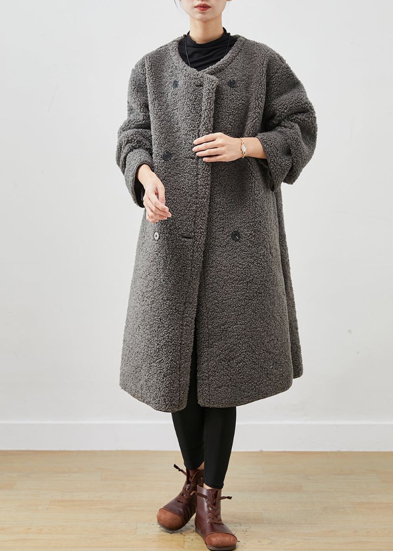 Franse Grijze Oversized Dubbele Borst Fleece Jas Van Imitatiebont Lente - Dames winterjassen