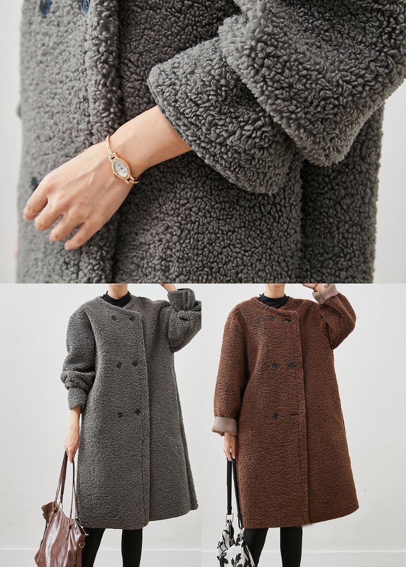 Franse Grijze Oversized Dubbele Borst Fleece Jas Van Imitatiebont Lente - Dames winterjassen