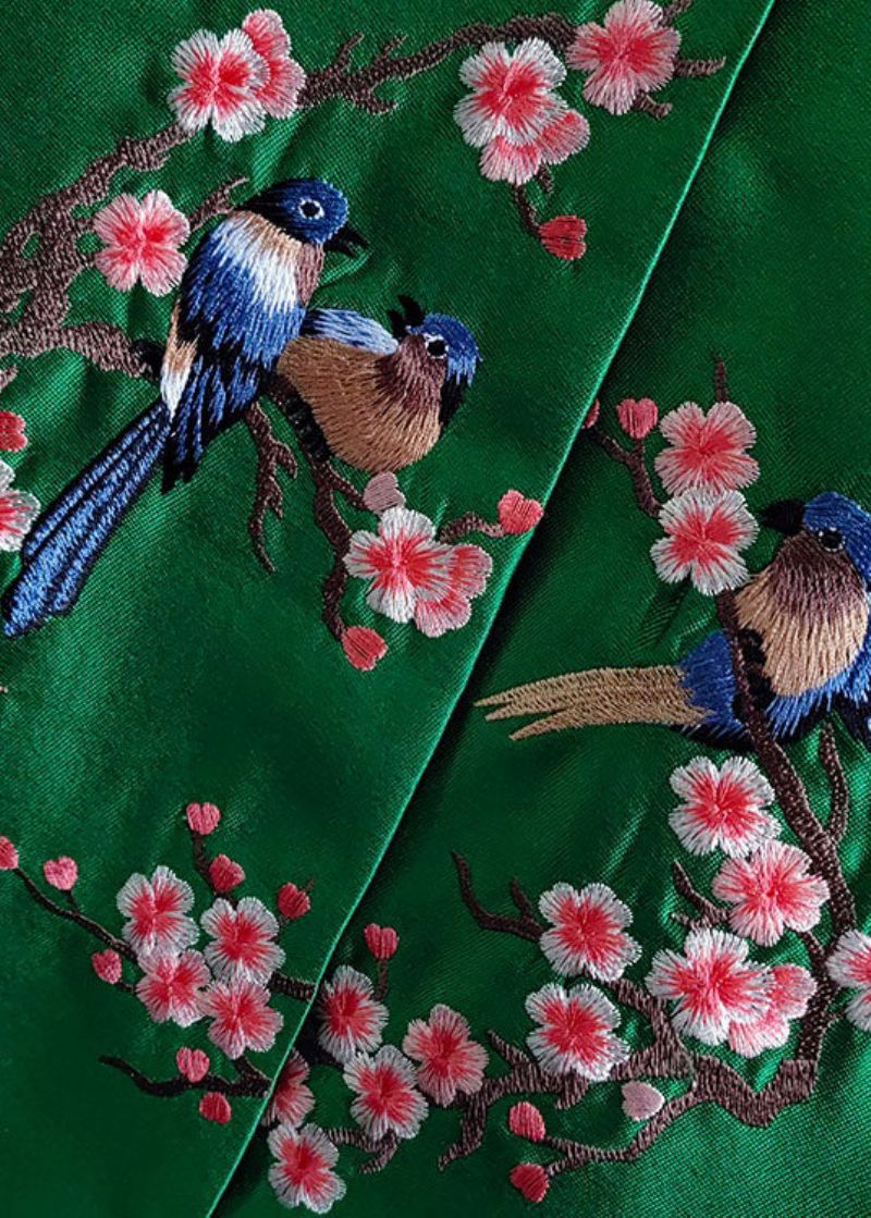 Franse Groene Geborduurde Vogel Patchwork Zijden Jas Lente - Dames winterjassen