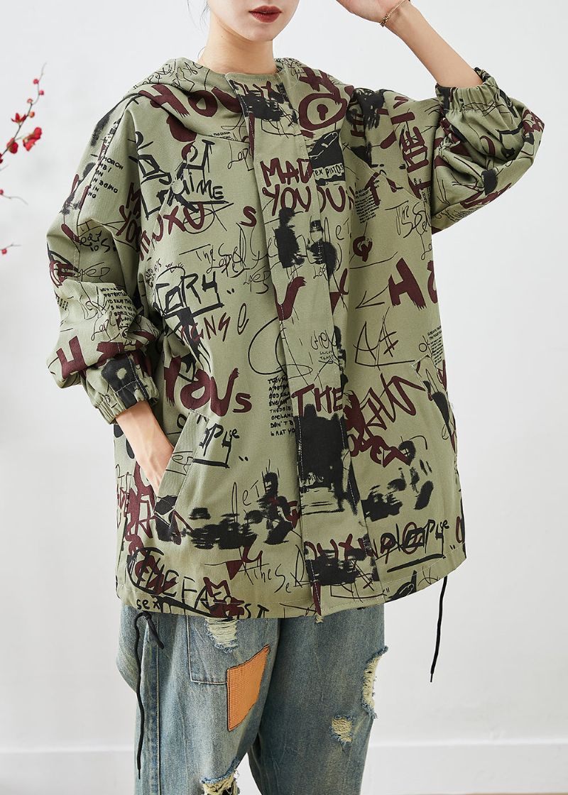 Franse Groene Oversized Katoenen Jassen Met Trekkoord En Print Herfst