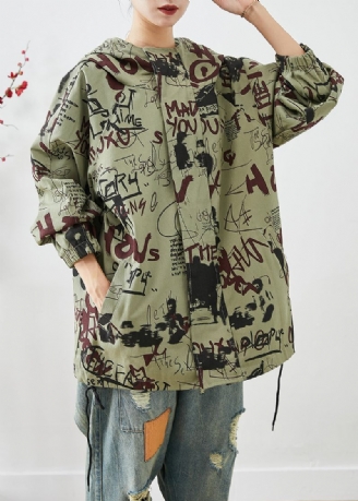 Franse Groene Oversized Katoenen Jassen Met Trekkoord En Print Herfst