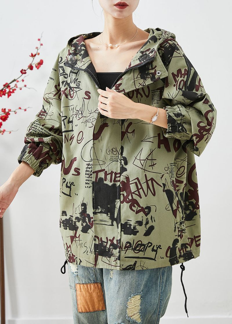 Franse Groene Oversized Katoenen Jassen Met Trekkoord En Print Herfst - Dames winterjassen