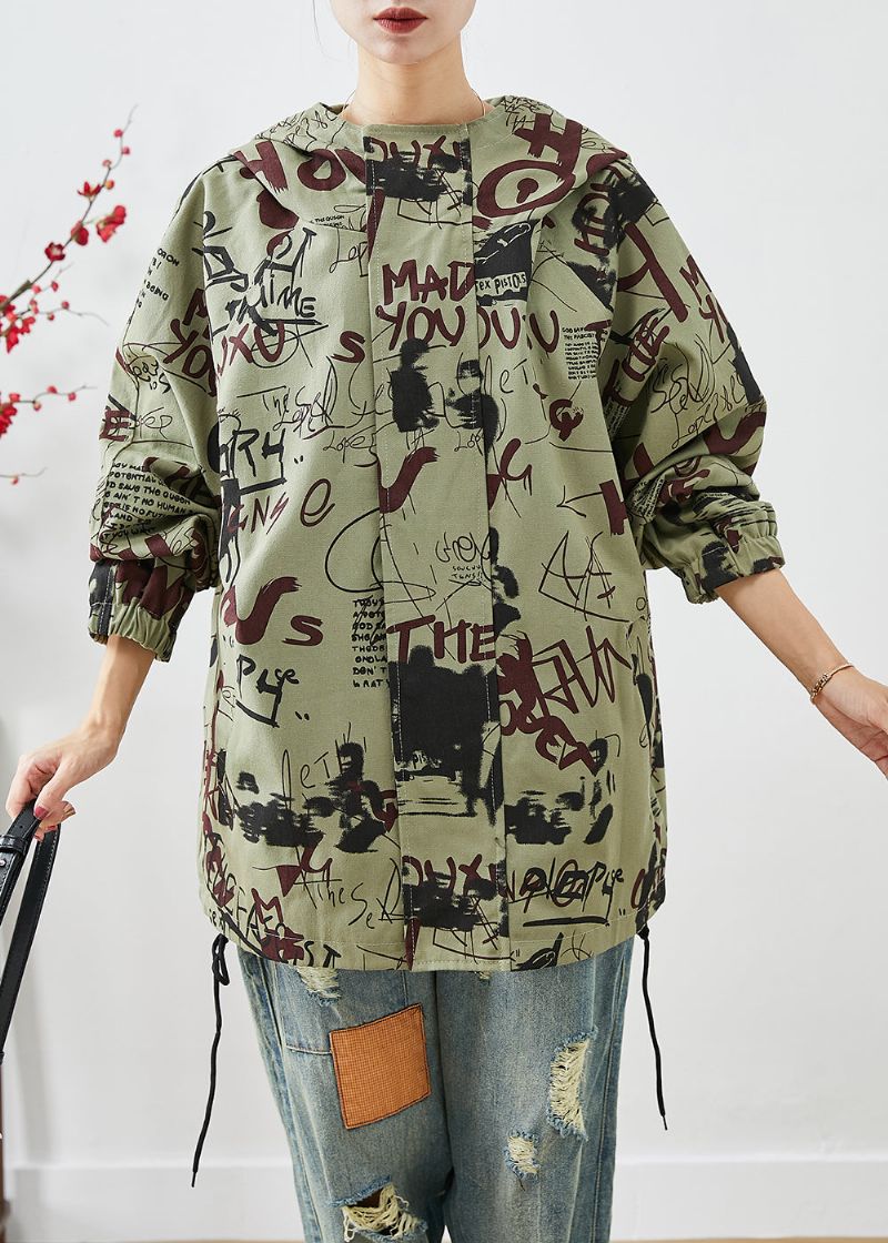 Franse Groene Oversized Katoenen Jassen Met Trekkoord En Print Herfst - Dames winterjassen