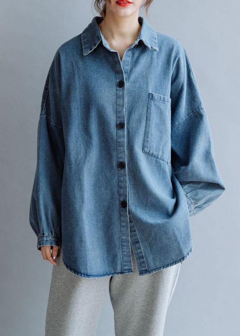 Franse Katoenen Overhemden Met Laag Ontwerp Damespatroon Denimblauwe Blouse Herfst