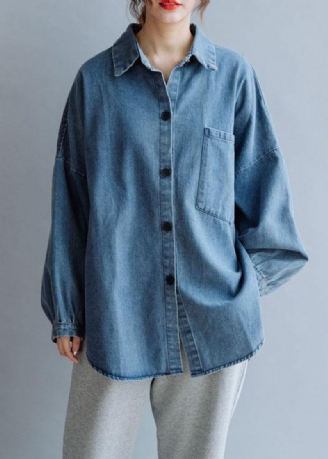 Franse Katoenen Overhemden Met Laag Ontwerp Damespatroon Denimblauwe Blouse Herfst