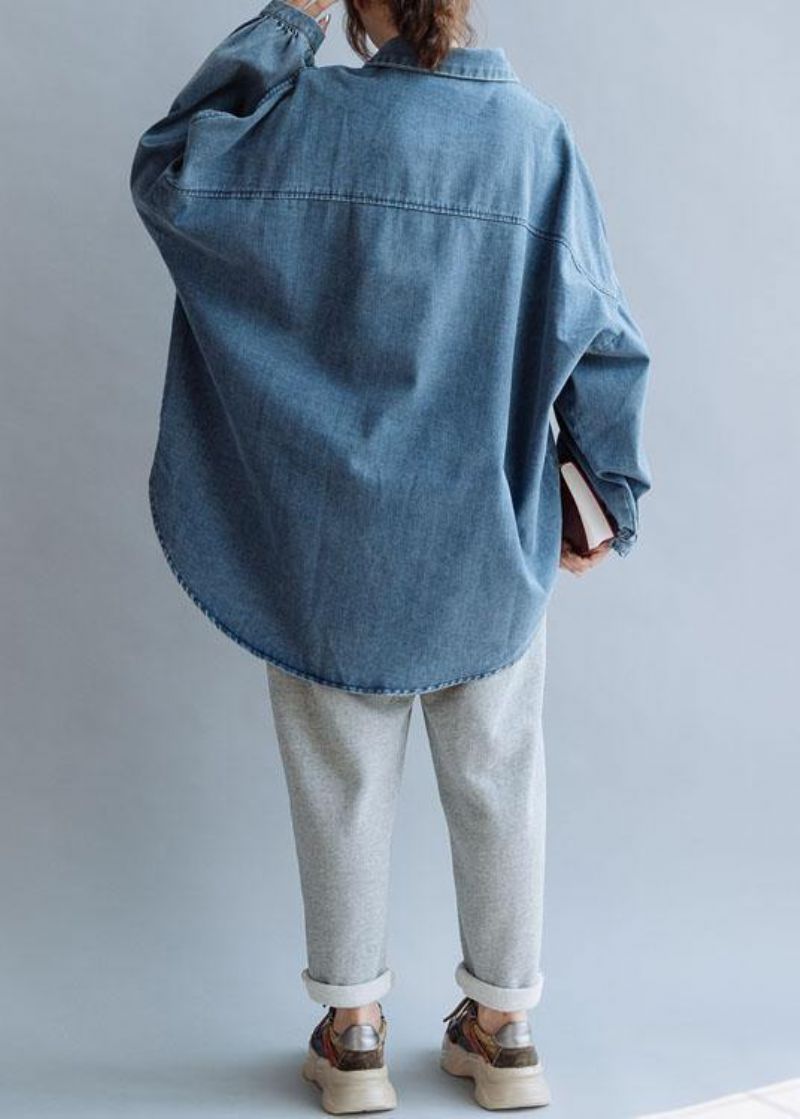 Franse Katoenen Overhemden Met Laag Ontwerp Damespatroon Denimblauwe Blouse Herfst - Denimgrijs