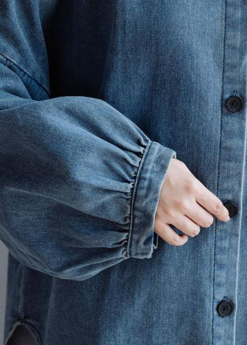 Franse Katoenen Overhemden Met Laag Ontwerp Damespatroon Denimblauwe Blouse Herfst - Denimgrijs