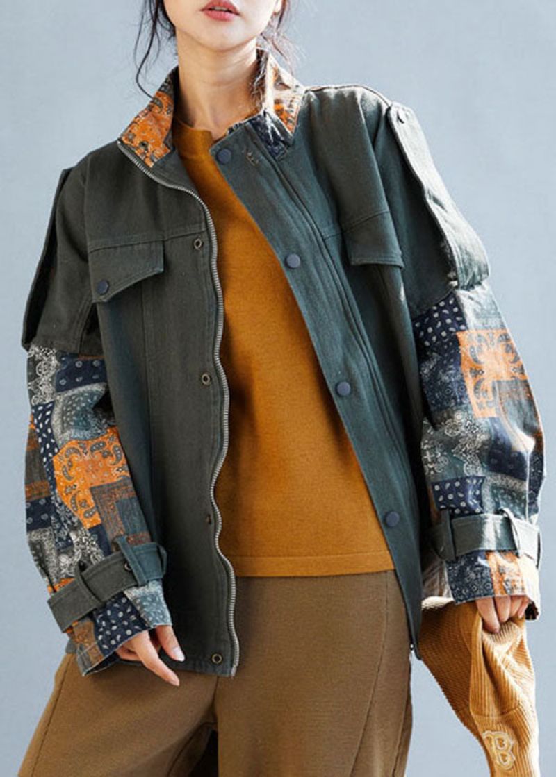 Franse Legergroene Oversized Patchwork Katoenen Jassen Met Ritssluiting Herfst - Dames winterjassen