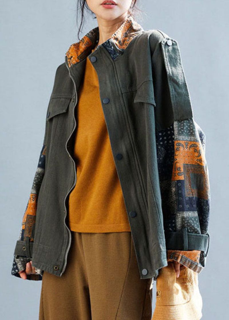 Franse Legergroene Oversized Patchwork Katoenen Jassen Met Ritssluiting Herfst - Dames winterjassen