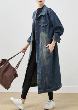 Franse Marineblauwe Oversized Denim Trenchveer Met Knoopsluiting