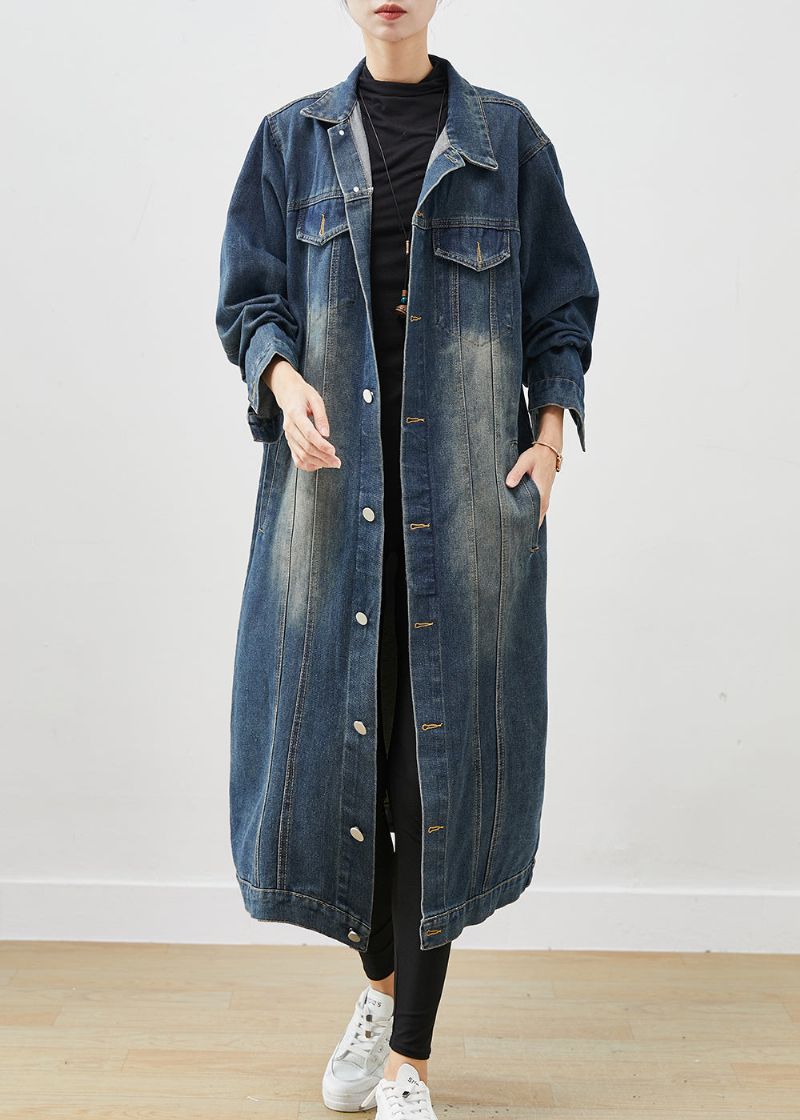 Franse Marineblauwe Oversized Denim Trenchveer Met Knoopsluiting - Dames winterjassen