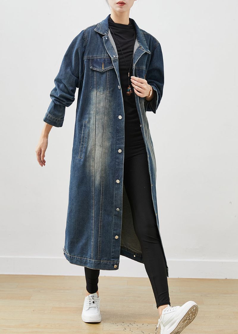 Franse Marineblauwe Oversized Denim Trenchveer Met Knoopsluiting - Dames winterjassen