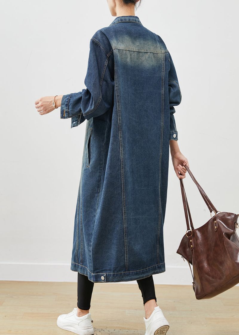 Franse Marineblauwe Oversized Denim Trenchveer Met Knoopsluiting - Dames winterjassen