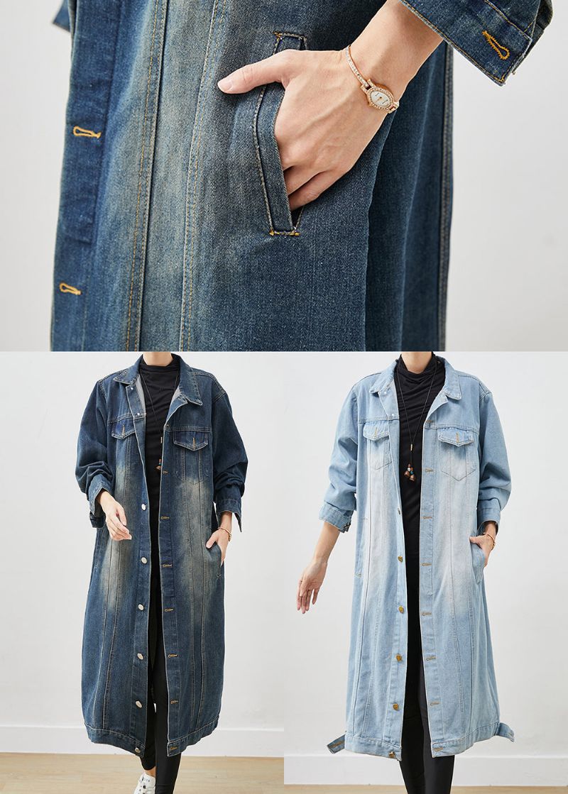 Franse Marineblauwe Oversized Denim Trenchveer Met Knoopsluiting - Dames winterjassen