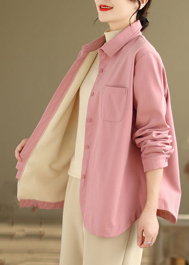 Franse Roze Oversized Zakken Fleece Wol Gevoerde Jassen Winter