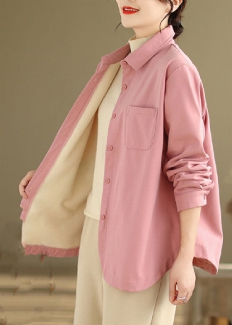 Franse Roze Oversized Zakken Fleece Wol Gevoerde Jassen Winter