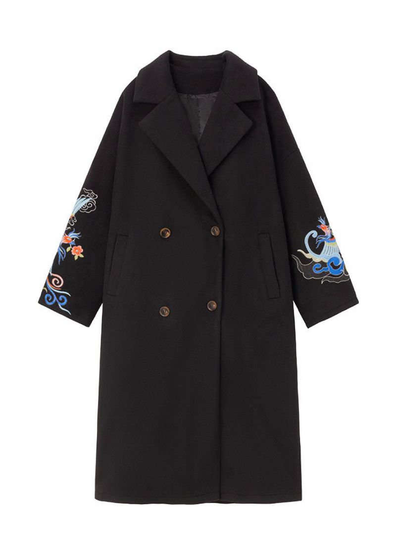 Franse Zwarte Geborduurde Zakken Wollen Trenchcoat Winter - Dames winterjassen