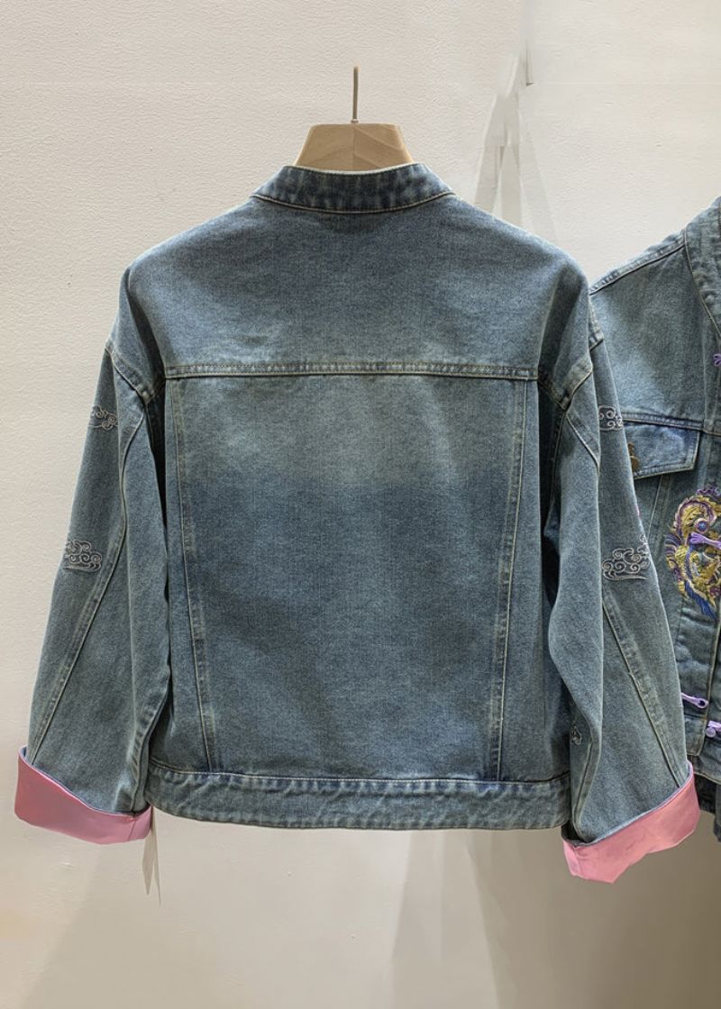 French Denim Blauw Geborduurde Knoopdenim Met Lange Mouwen - Dames winterjassen