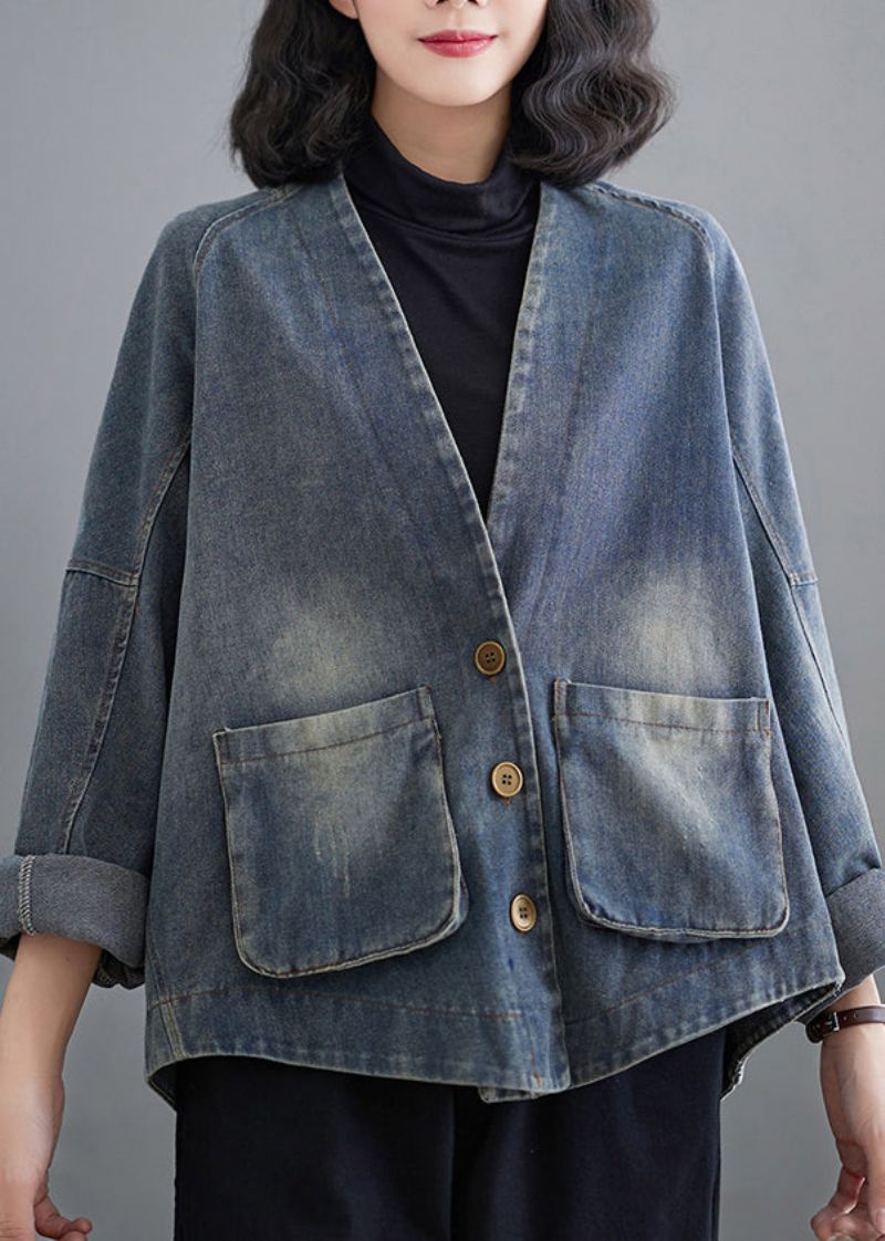 French Denim Blue V-hals Zakken Patchwork Jas Lente - Dames winterjassen