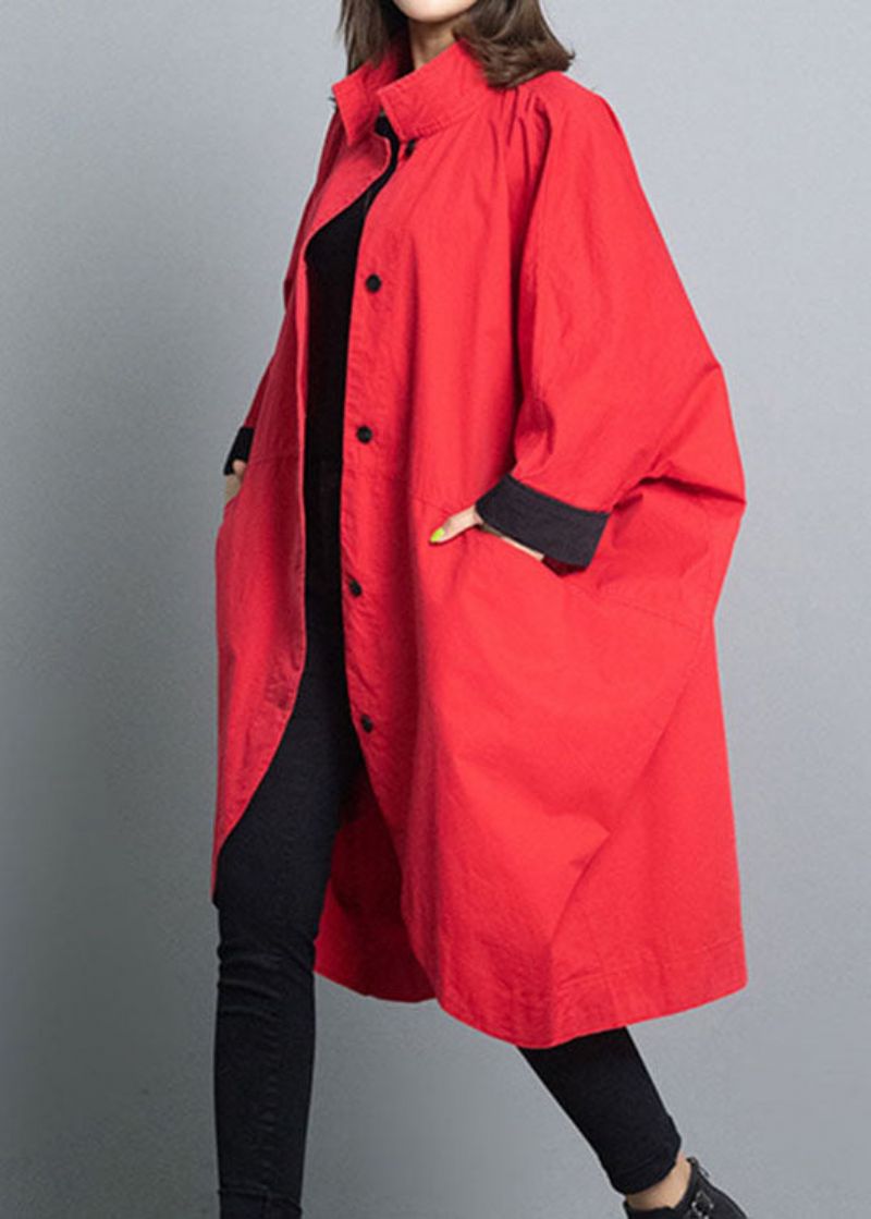 Getailleerde Rode Losse Vleermuismouwen Met Coltrui Herfst-trenchcoats - Rood