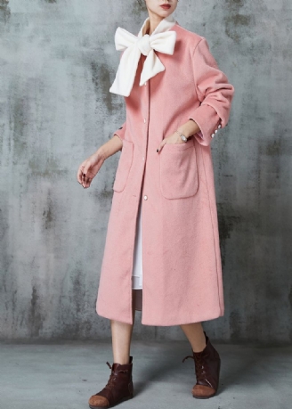 Getailleerde Roze Oversized Wollen Jas Met Patchwork En Strik Lente