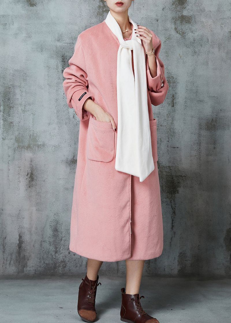 Getailleerde Roze Oversized Wollen Jas Met Patchwork En Strik Lente - Dames winterjassen