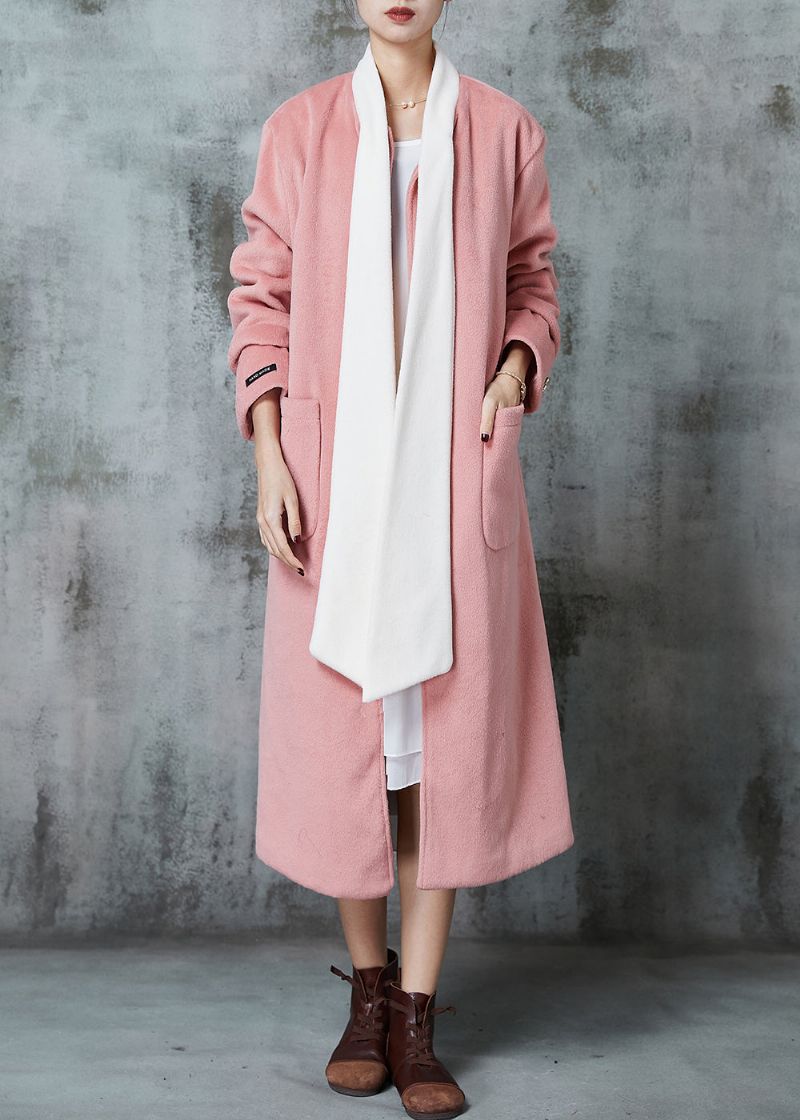 Getailleerde Roze Oversized Wollen Jas Met Patchwork En Strik Lente - Dames winterjassen