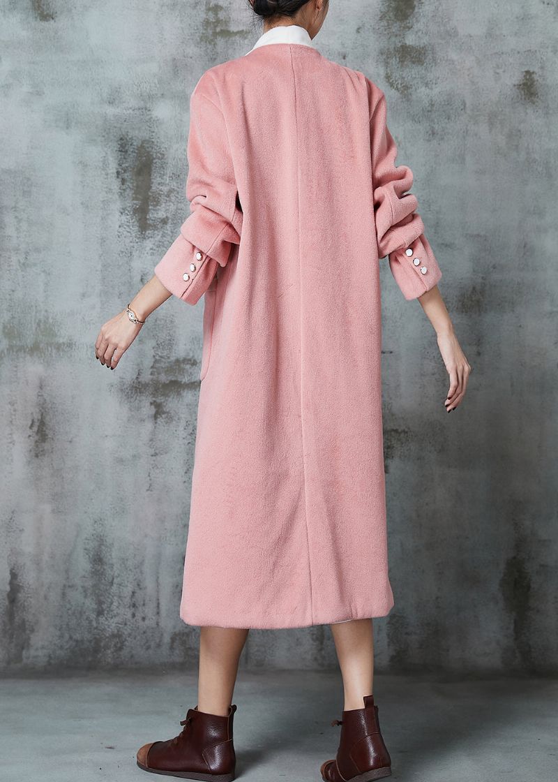 Getailleerde Roze Oversized Wollen Jas Met Patchwork En Strik Lente - Dames winterjassen