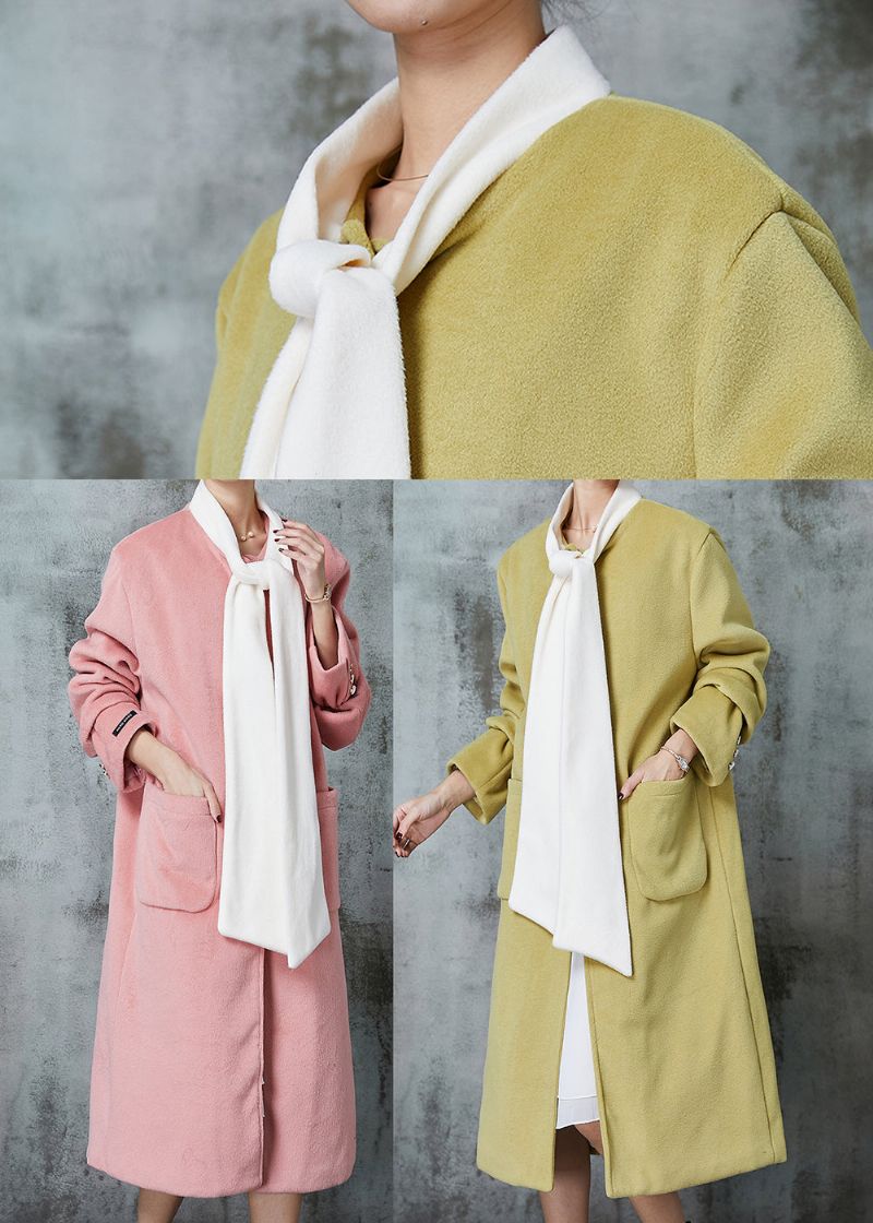 Getailleerde Roze Oversized Wollen Jas Met Patchwork En Strik Lente - Dames winterjassen