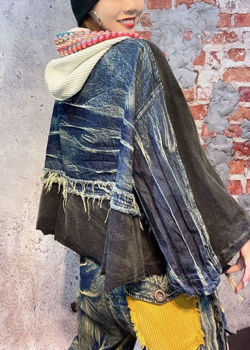 Getailleerde Zwarte Patchwork Herfst Denim Jas Met Lange Mouwen En Capuchon - Zwart