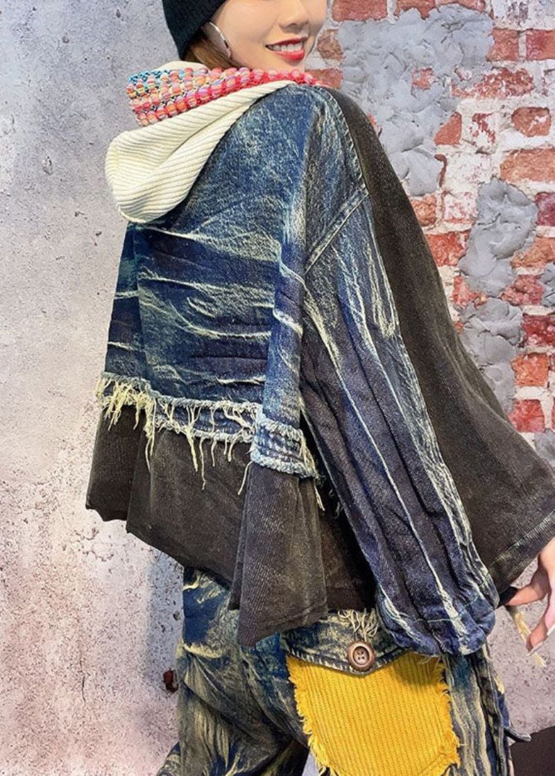 Getailleerde Zwarte Patchwork Herfst Denim Jas Met Lange Mouwen En Capuchon - Zwart