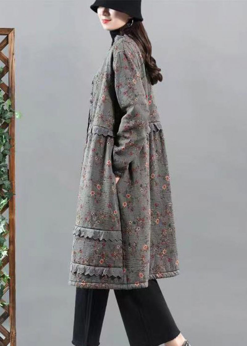 Grijze Print Patchwork Warme Fleece Jassen Kanten Knop Herfst - Dames winterjassen