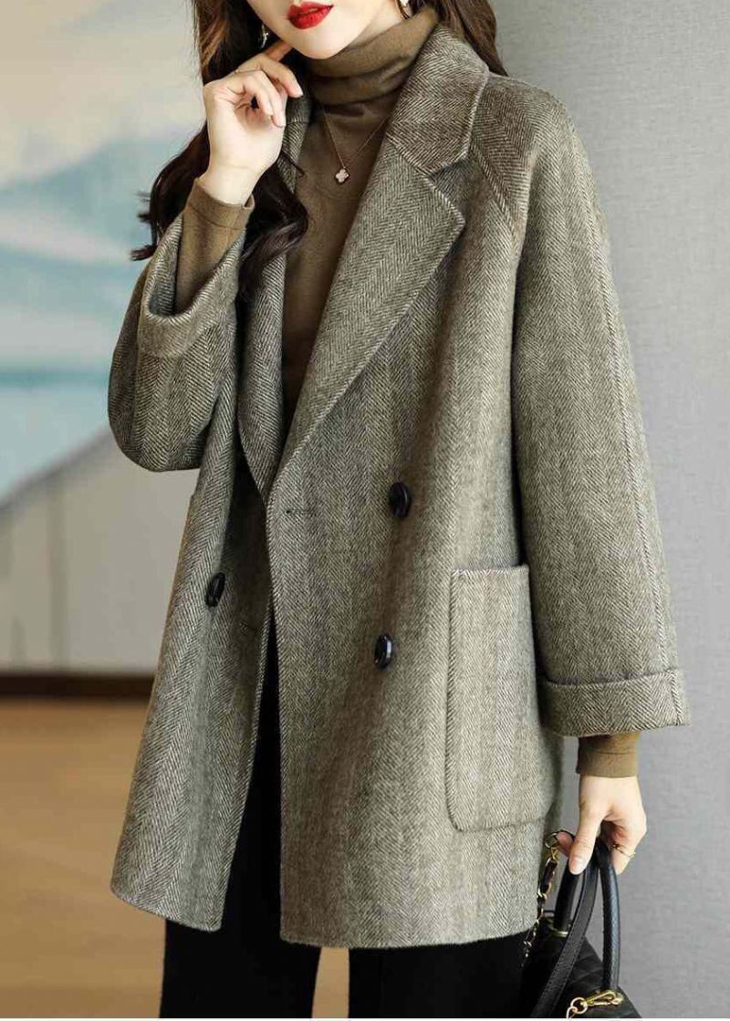 Grijze Warme Wollen Jassen Oversized Dubbele Borst Herfst - Dames winterjassen