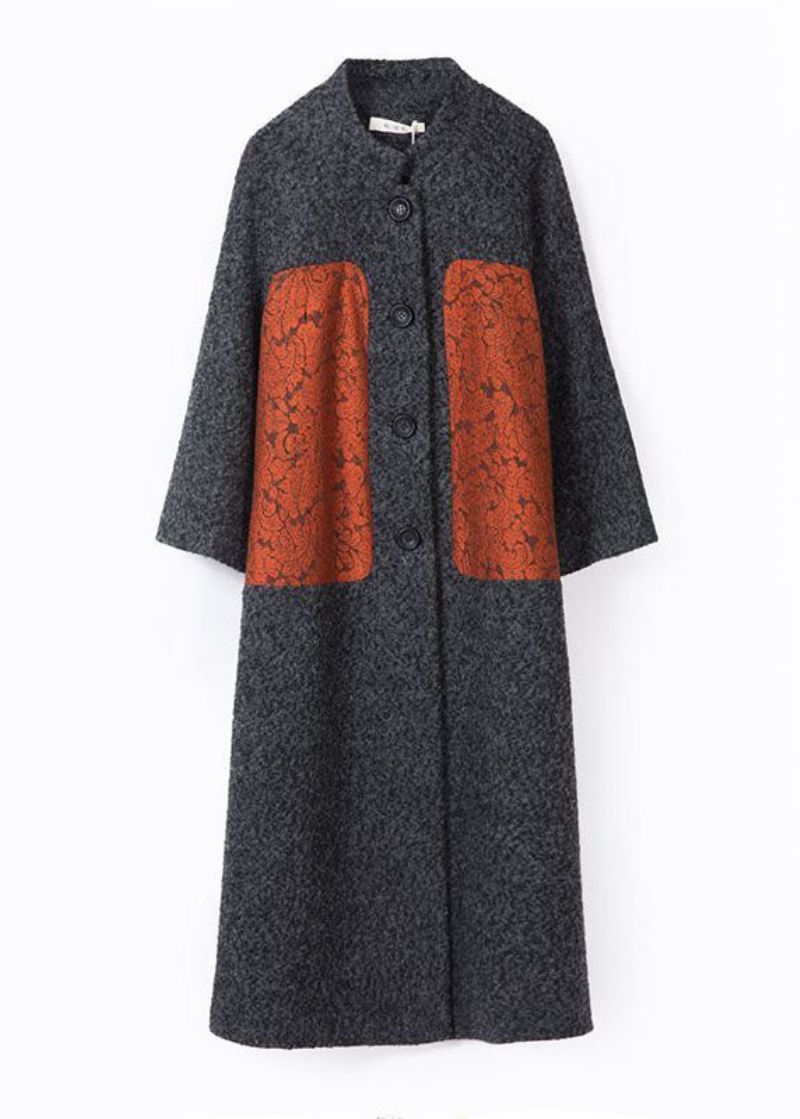 Grijze Wollen Trenchcoats Met Print En Knoop Aan De Zijkant Open Winter - Grijs