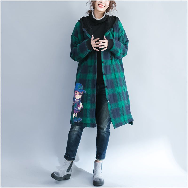 Groen Raster Cartoon Prints Katoenen Jassen Oversized Capuchon Warme Lange Mouwen Uitloper