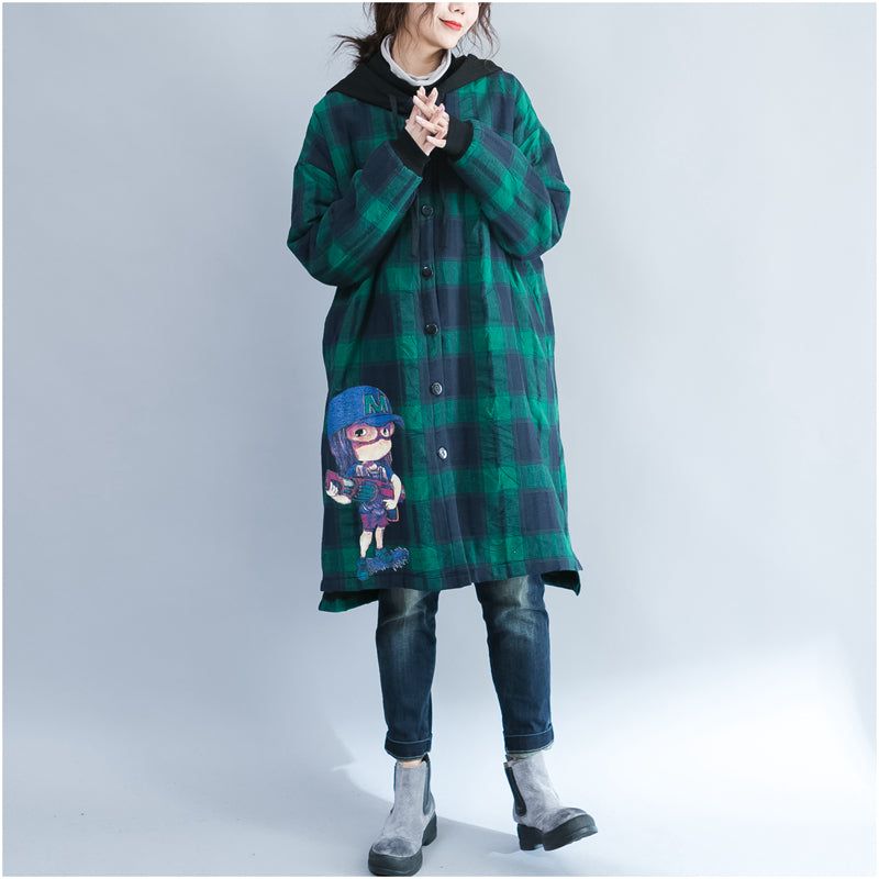 Groen Raster Cartoon Prints Katoenen Jassen Oversized Capuchon Warme Lange Mouwen Uitloper - Rood Raster