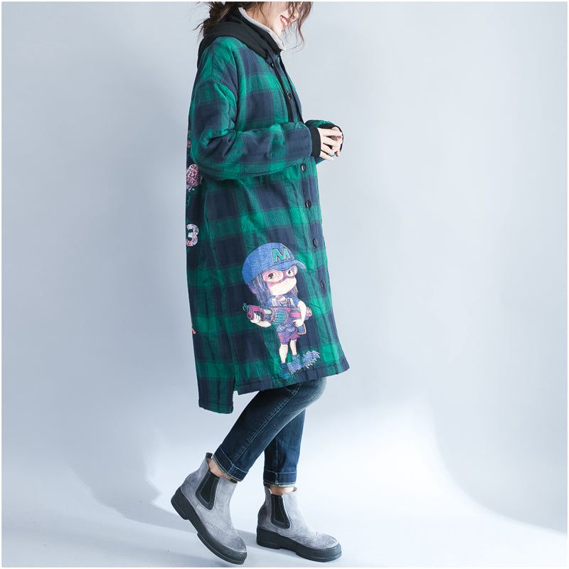 Groen Raster Cartoon Prints Katoenen Jassen Oversized Capuchon Warme Lange Mouwen Uitloper - Rood Raster