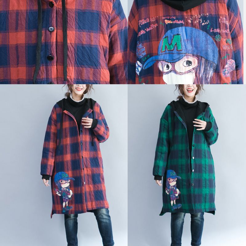 Groen Raster Cartoon Prints Katoenen Jassen Oversized Capuchon Warme Lange Mouwen Uitloper - Rood Raster