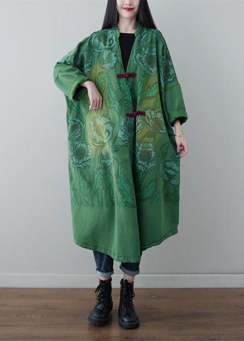 Groene Chinese Knopenprint Katoenen Jassen Met V-hals Lente - Dames winterjassen