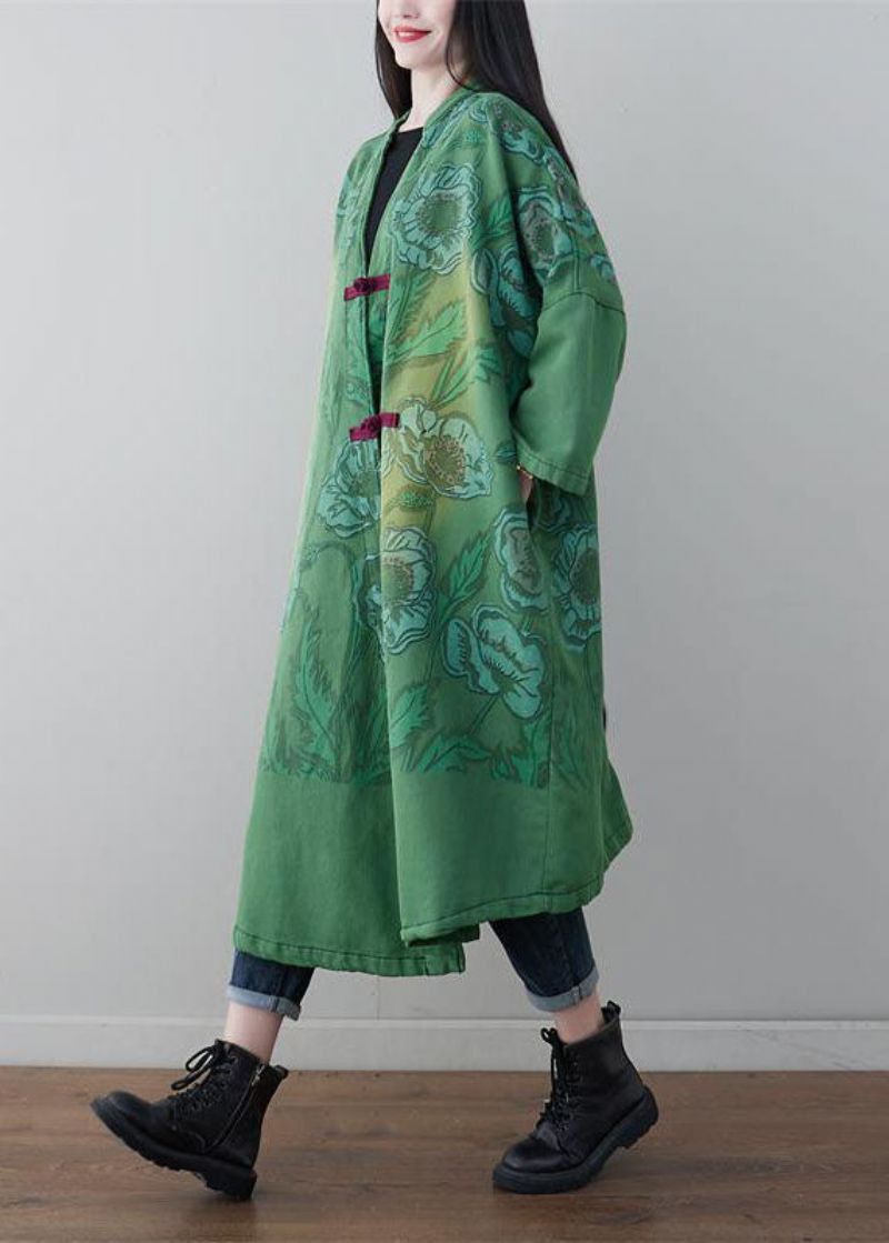 Groene Chinese Knopenprint Katoenen Jassen Met V-hals Lente - Dames winterjassen