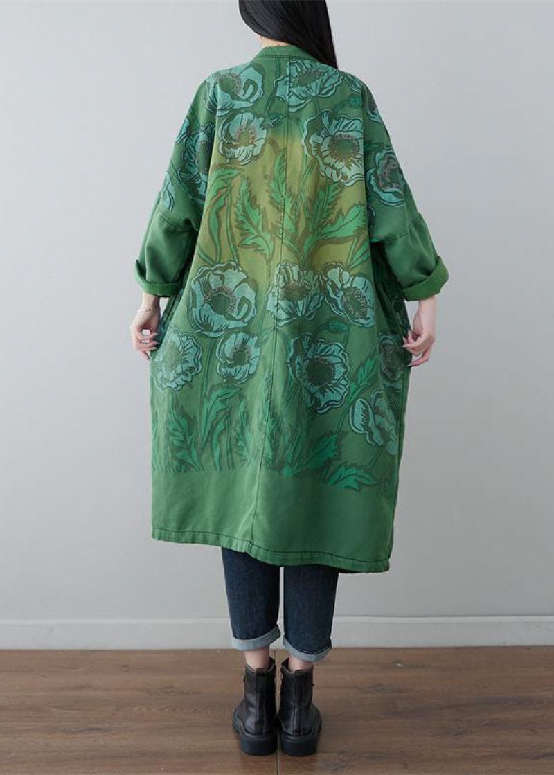 Groene Chinese Knopenprint Katoenen Jassen Met V-hals Lente - Dames winterjassen