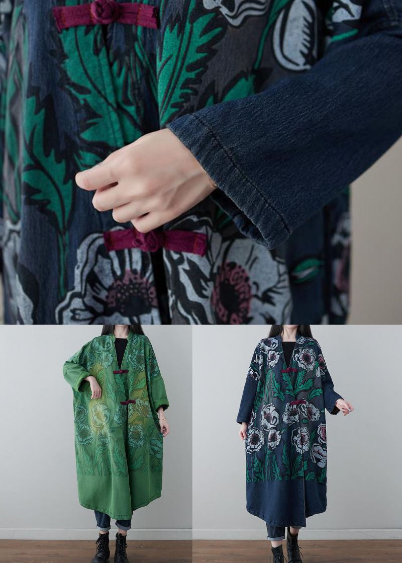 Groene Chinese Knopenprint Katoenen Jassen Met V-hals Lente - Dames winterjassen