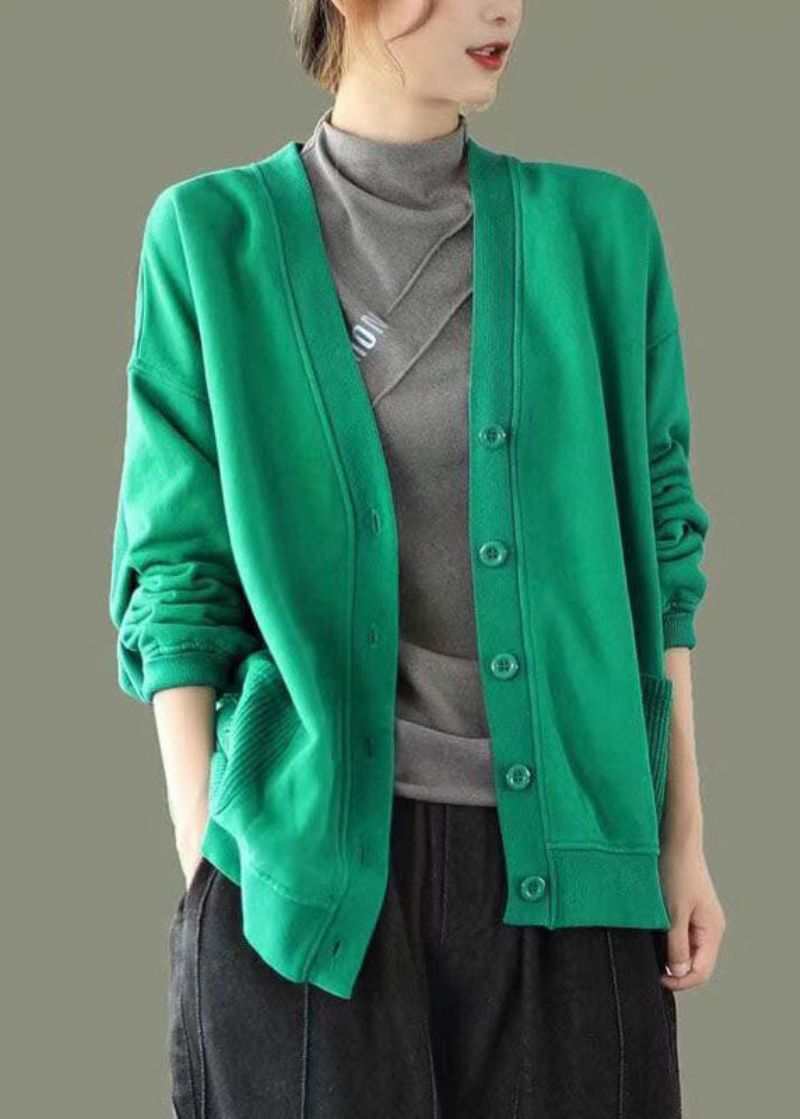 Groene Knoopzakken Patchwork Warme Fleece Sweatshirt Jas Met V-hals Lange Mouw