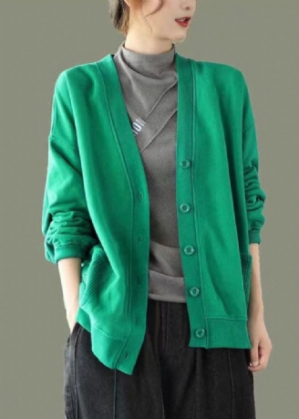 Groene Knoopzakken Patchwork Warme Fleece Sweatshirt Jas Met V-hals Lange Mouw